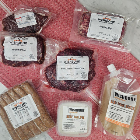 Wishbone Heritage Farms grass fed beef  bundle —ground beef. sirloin steaks, beef for stew, merguez, tallow, and bone broth vacuum-sealed packaging — Saint George, SC