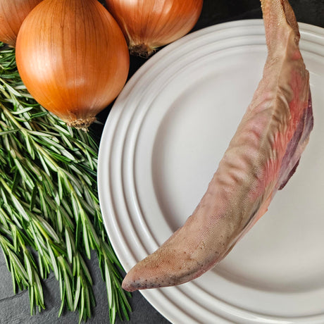Grass-fed beef tongue on a white plate with fresh rosemary and yellow onions — Wishbone Heritage Farms, Saint George, SC