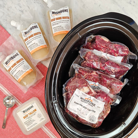 Wishbone Heritage Farms grass-fed braised beef and chili bundle — boneless beef for stew in a slow cooker with beef bone broth pouches and beef tallow — Saint George, SC