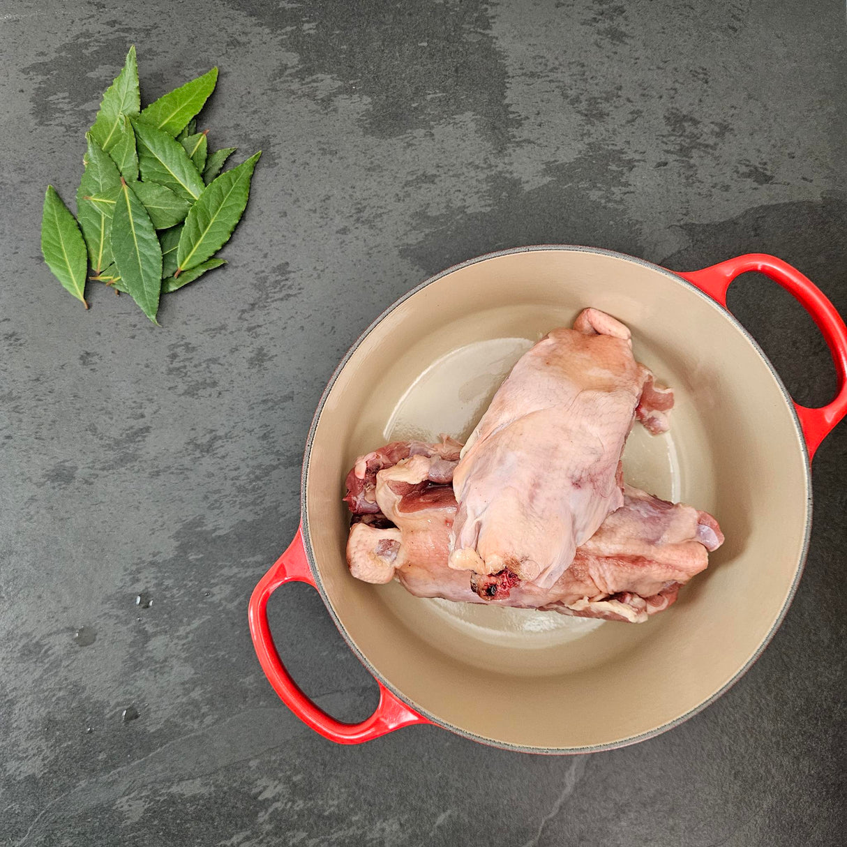 Pasture-raised chicken backs in a red Le Creuset Dutch oven with fresh bay leaves — Wishbone Heritage Farms, Saint George, SC