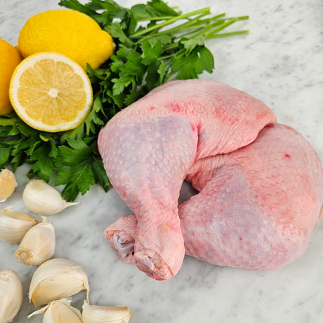 Raw pasture-raised chicken leg quarter on white marble with lemon, garlic, and fresh parsley — Wishbone Heritage Farms, South Carolina