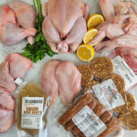 Pasture-raised chicken variety pack with whole chicken, breasts, thighs, quarters, sausage, ground chicken, and bone broth — Wishbone Heritage Farms, Saint George, SC