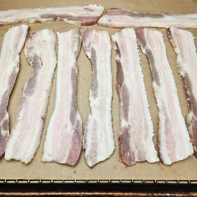 Raw pasture-raised heritage breed pork bacon strips laid out on a parchment-lined baking rack ready to cook — Wishbone Heritage Farms, Saint George, SC