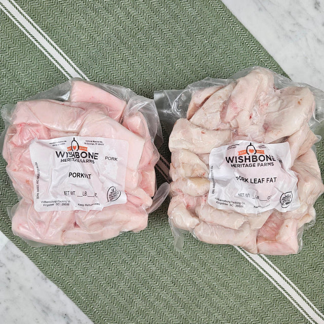 Wishbone Heritage Farms pasture-raised heritage pork fatback and pork leaf fat in vacuum-sealed packaging — Saint George, SC