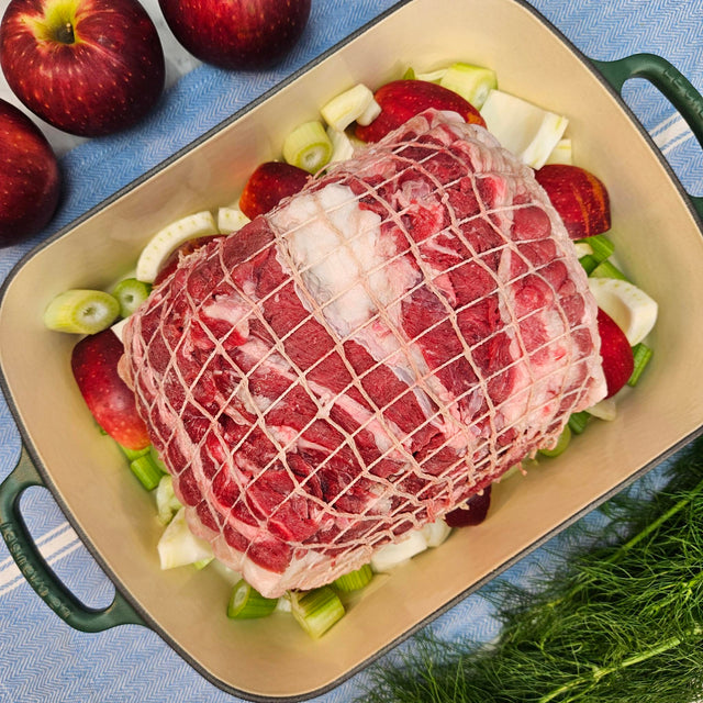 Raw pasture-raised heritage pork sirloin roast in netting on apples and fennel in a green roasting pan — Wishbone Heritage Farms, Saint George, SC