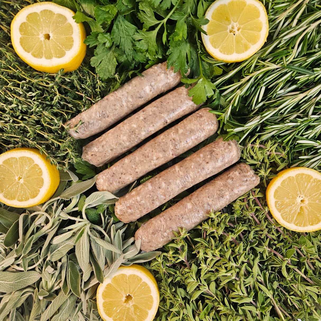 Raw pasture-raised lemon and herb chicken sausage links on a bed of fresh rosemary, thyme, sage, oregano, and parsley with sliced lemon — Wishbone Heritage Farms, Saint George, SC