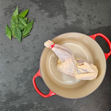 Pasture-raised stew hen in a red Le Creuset Dutch oven with fresh bay leaves — Wishbone Heritage Farms, Saint George, SC