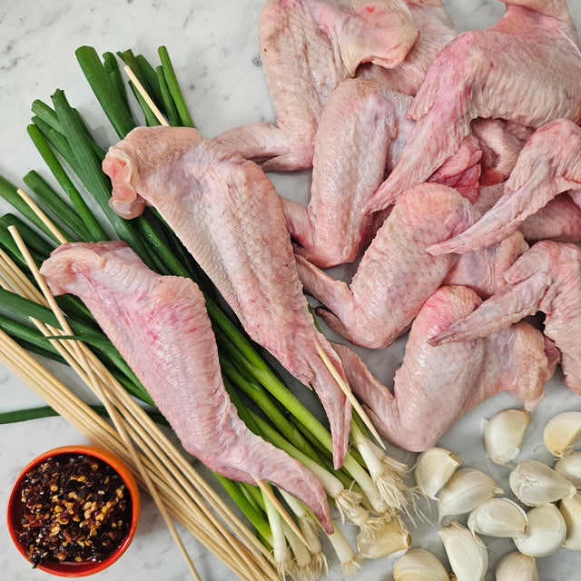 Raw pasture-raised whole chicken wings on marble with fresh scallions, garlic cloves, skewers, and chili dipping sauce — Wishbone Heritage Farms, South Carolina